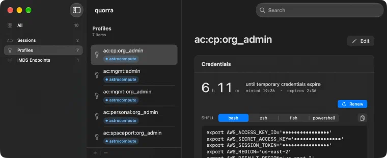 Quorra showing a profile's temporary credentials, the time until they expire, and the masked export snippet with a bash, zsh, fish and powershell picker
