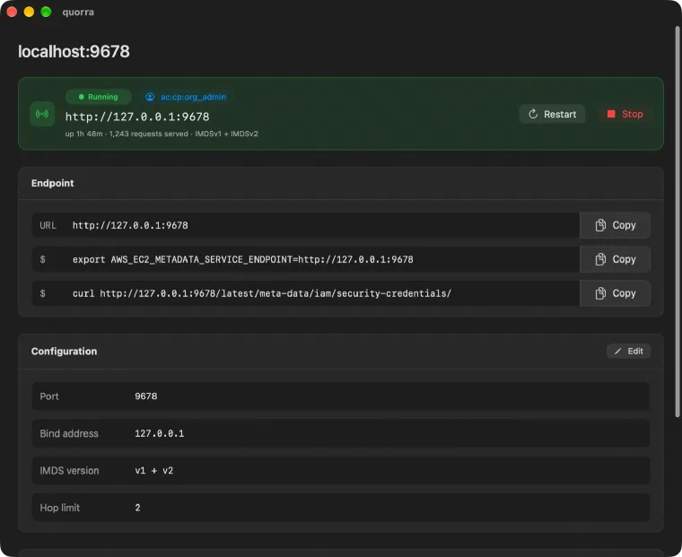 A running Quorra IMDS endpoint on 127.0.0.1:9678 serving a profile, with its URL, export and curl snippets and its port, bind address, IMDS version and hop limit